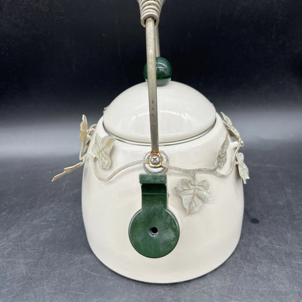 VTG Via Ancona White Enamel Whistling Tea Kettle Ivory, Green Knob Ivy Garland