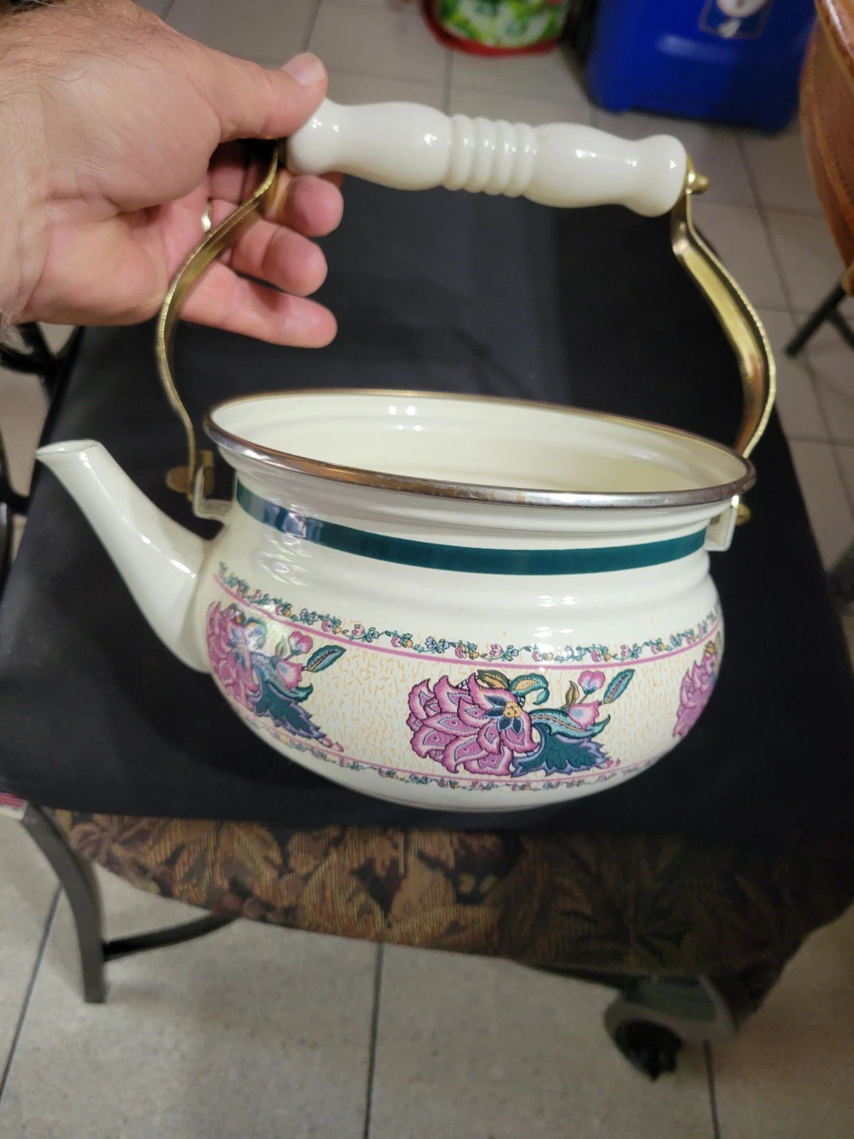 1990s Floral Enamel Tea Kettle, w Brass & ceramic Handle, Preferred stock Taiwan