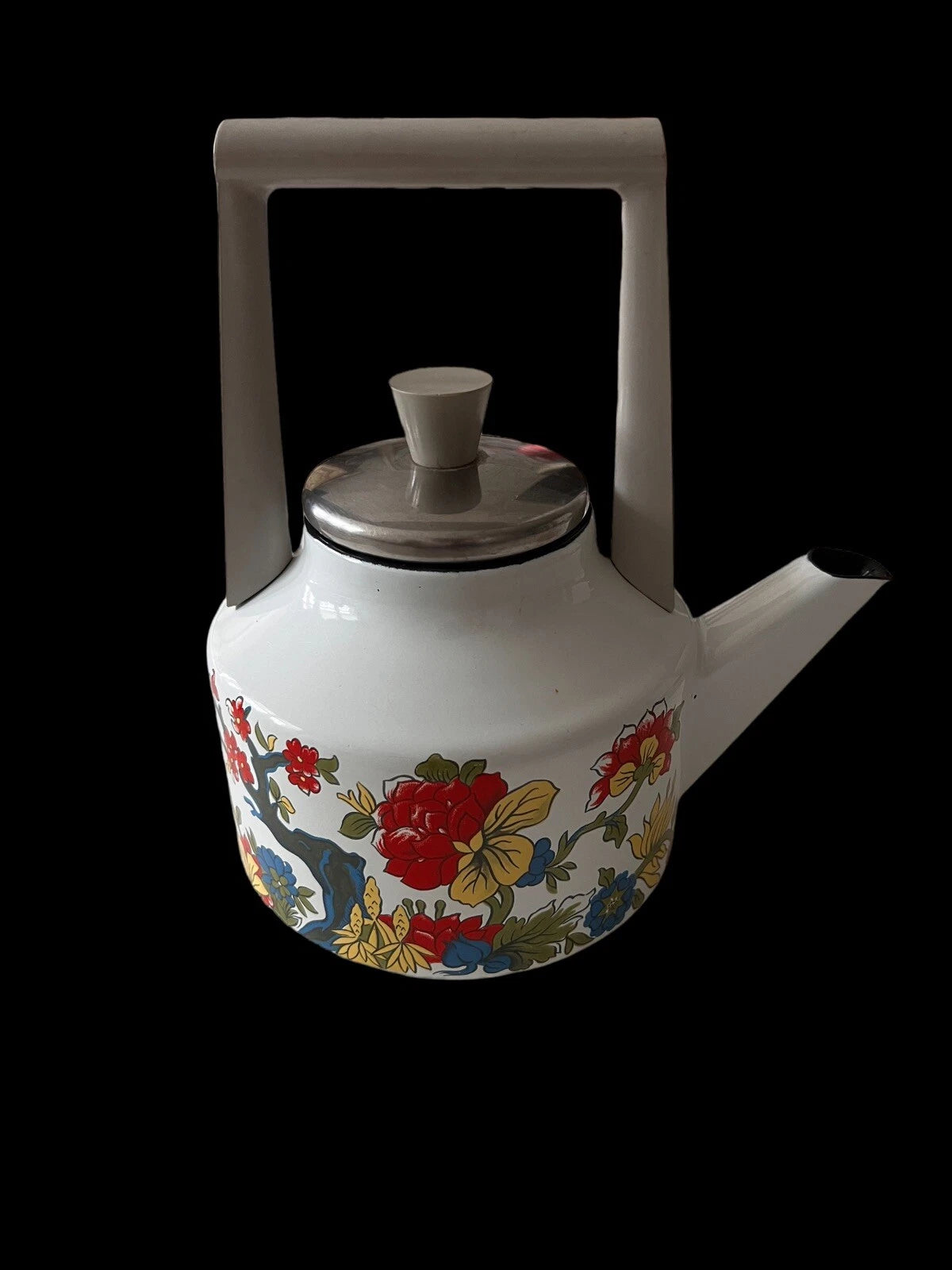 Vintage Retro Mod Bright Floral Enamel Tea Kettle MCM Teapot Flowers