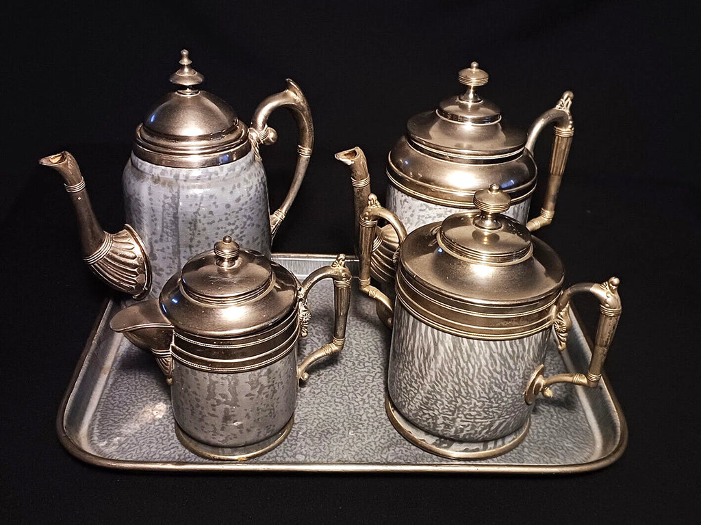 Antique Manning Bowing Gray Graniteware Enamelware Pewter Tea Coffee Set