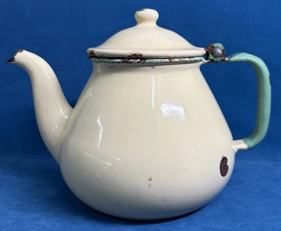 Vintage Yellow & Green Enamel Tea Kettle of Scandinavian Orgin
