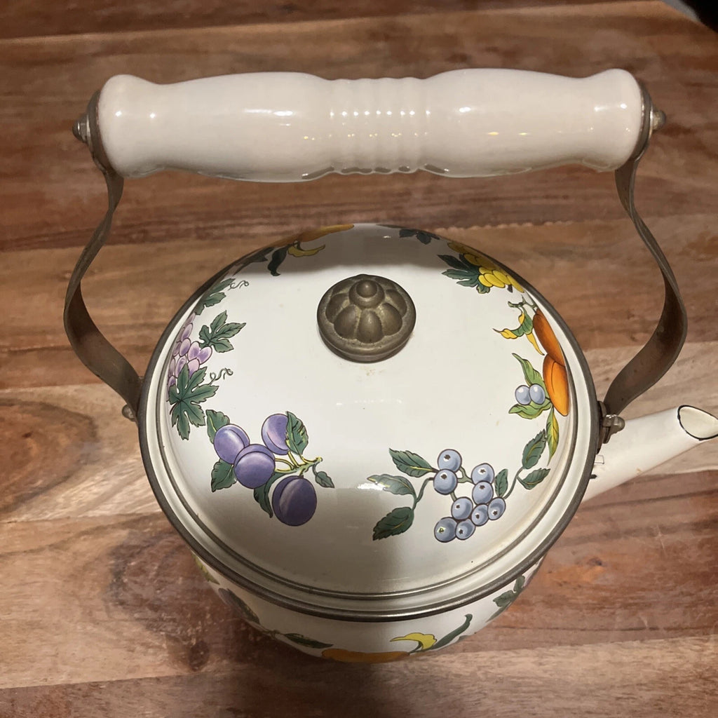 Tabletops Unlimited Essence Tea Kettle Enamel Fruit Vine Pattern Swivel Handle