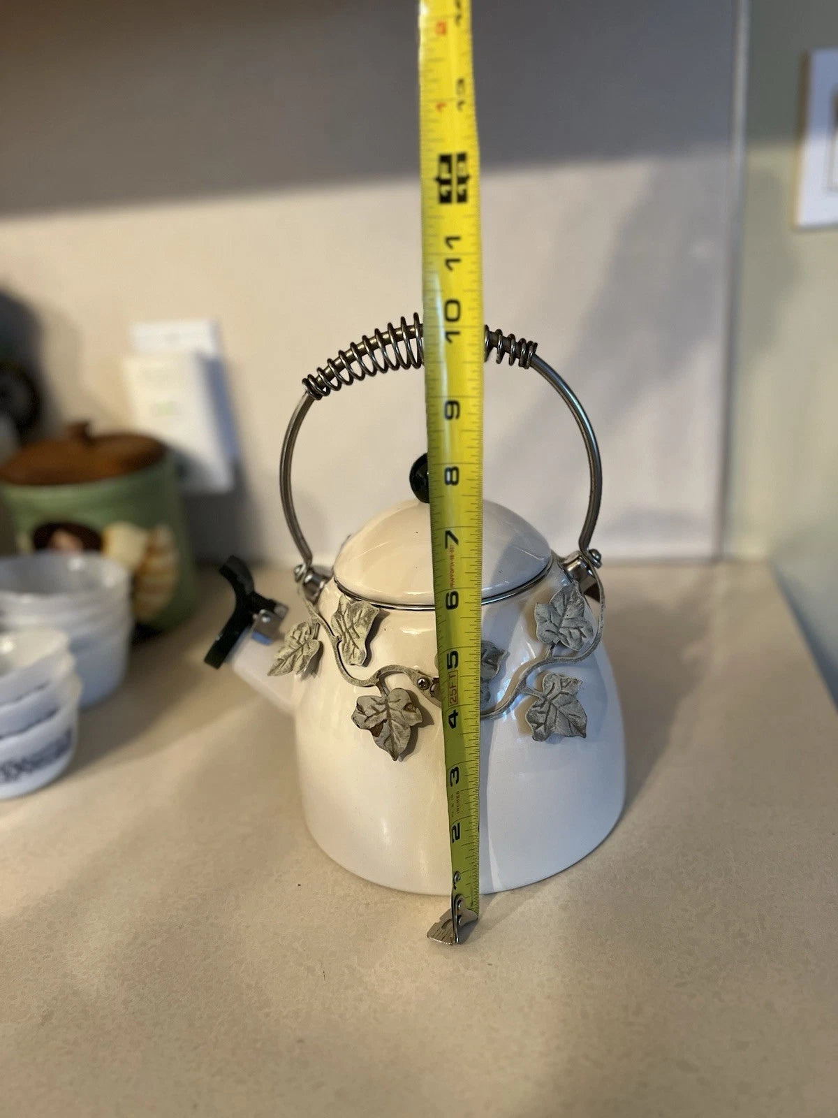 Enamel Whistling Tea Kettle Via Ancona White Ivory, Green Knob Ivy Garland