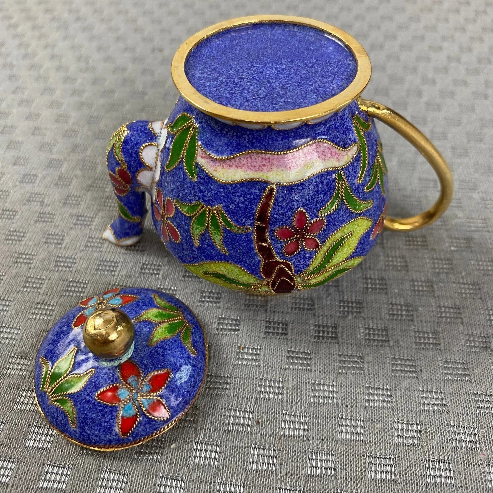 Vtg Miniature Cobalt Blue Enamel Gilded Cloisonne Floral Metal Back Teapot & Lid