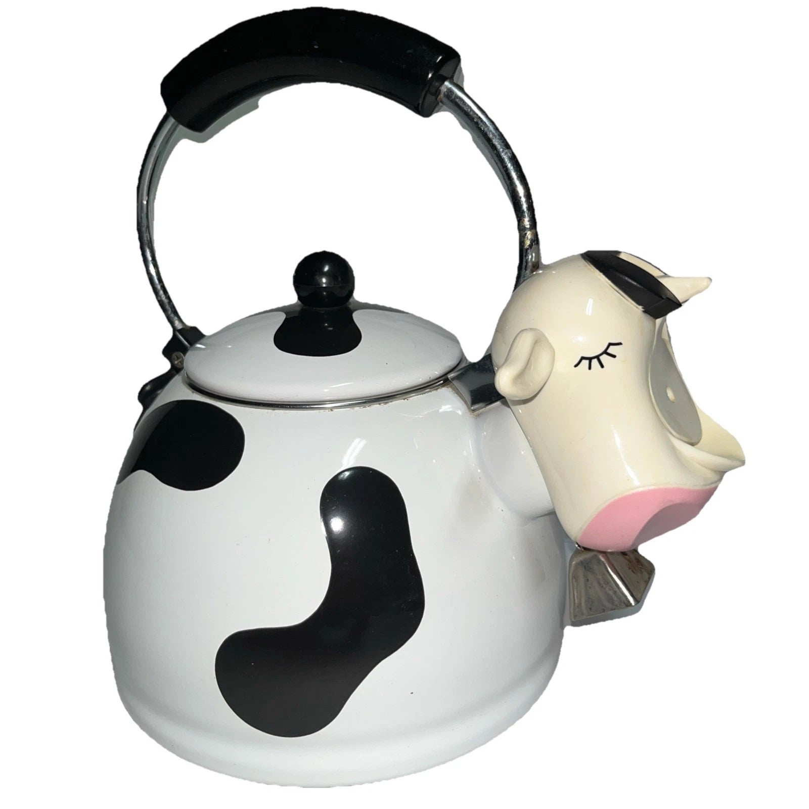 1992 M.K. Kamenstein Whistling 2 Quart Black and White Cow Tea Kettle with Bell