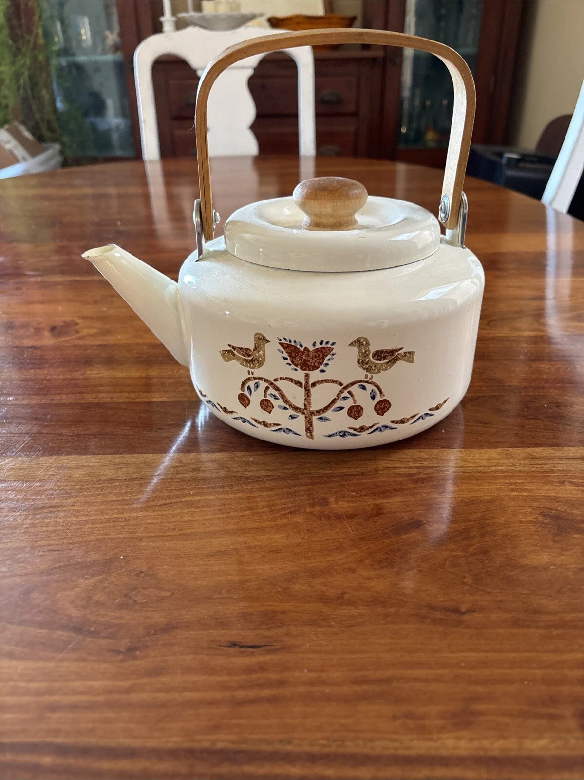 Vintage 1980s Country Geese Metal Enamel & Wood Tea Kettle