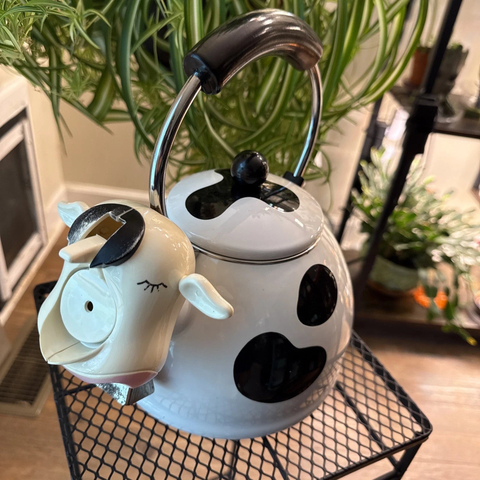 Vintage M Kamenstein Black White Cow Whistling Tea Kettle Teapot