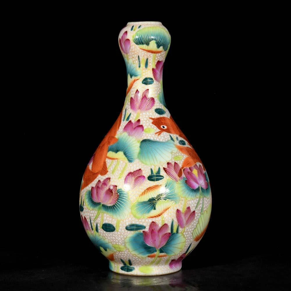 Qianlong Signed Old Chinese Colour Enamel Vase W/fish N3673