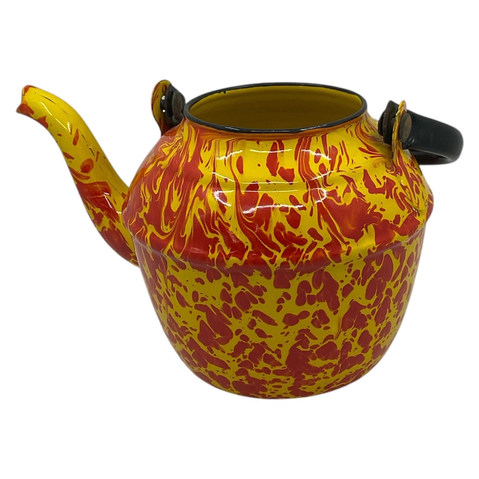 Orange Yellow Tea Pot Kettle Vntg Enamelware Splatter Swirl Graniteware No Lid