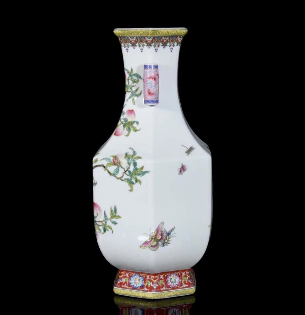 30CM Yongzheng Signed Old Chinese Colour Enamel Vase W/peach N3423