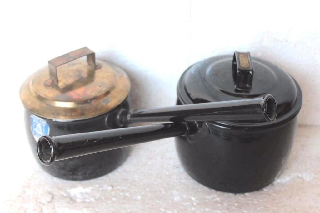 Enamel Tea Pot  With Handle 2 Pc Old Vintage Kitchenware Collectible