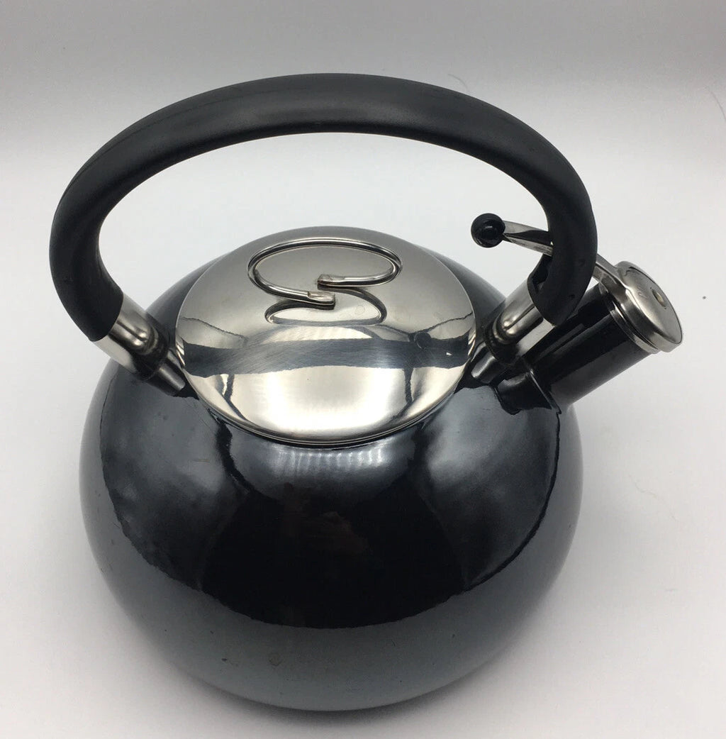 COPCO 2qt Black Enamel Whistling Teapot Kettle Chrome Top Mid Century Modern MCM