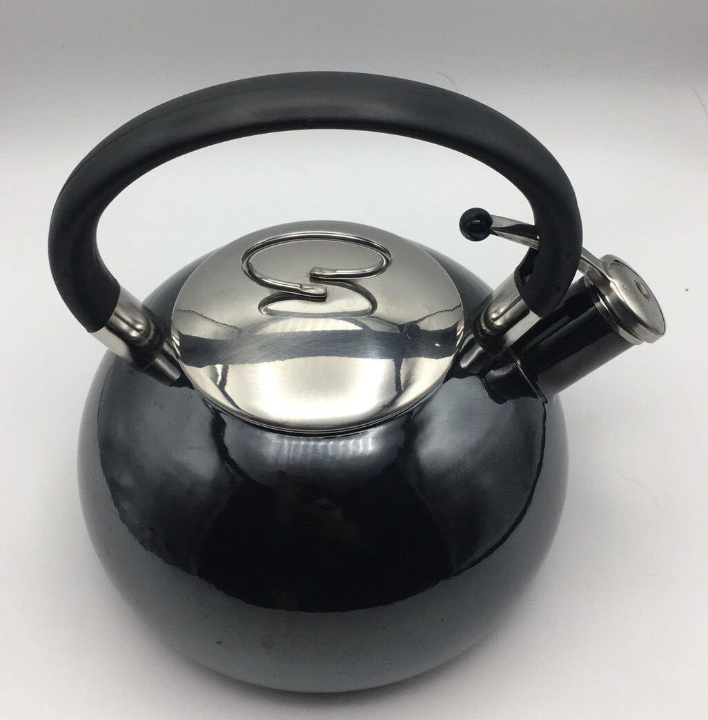 COPCO 2qt Black Enamel Whistling Teapot Kettle Chrome Top Mid Century Modern MCM
