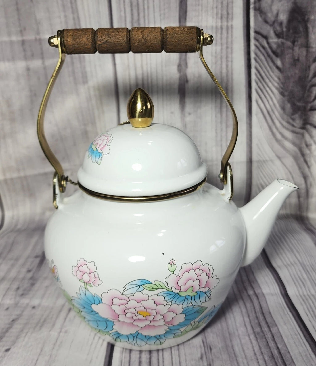 Vtg 1988 Tea Kettle Pot Enamel White Poppies Flowers Brass National Housewares