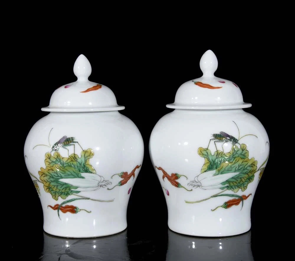 Qianlong Signed Pair Old Chinese Colour Enamel Lid Pot W/cabbage N3580