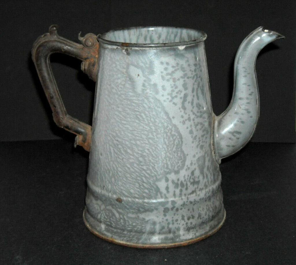 Early Grey Graniteware Teapot Enamel Ware - Primitive Elaborate Metal Handle