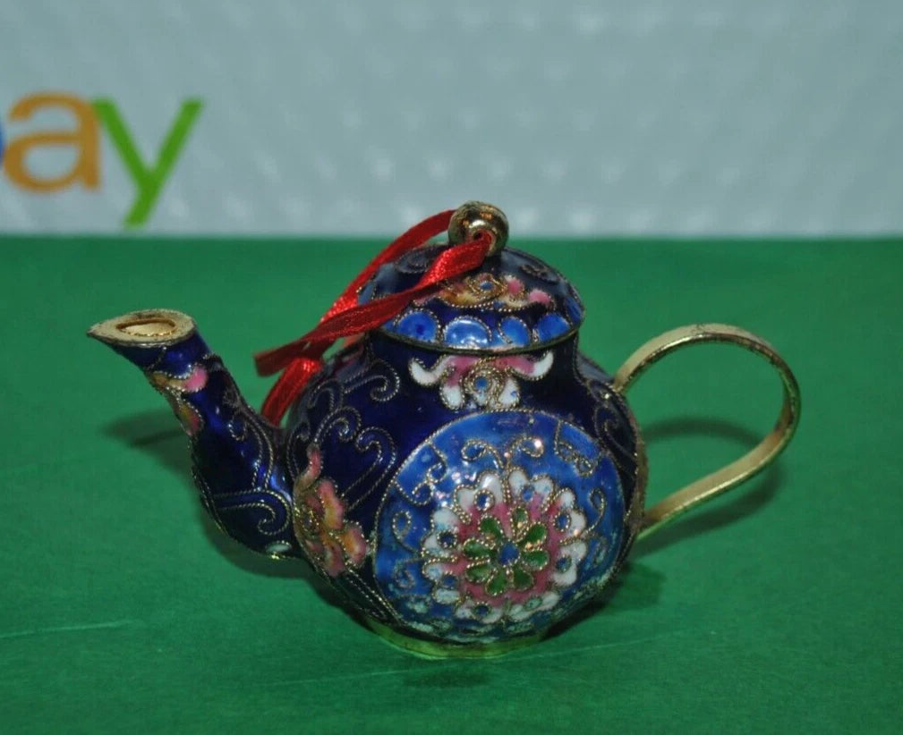 VTG CLOISONNE PRECIOUS  Art TEAPOT Enamel Ornament Cobalt Floral Ornate