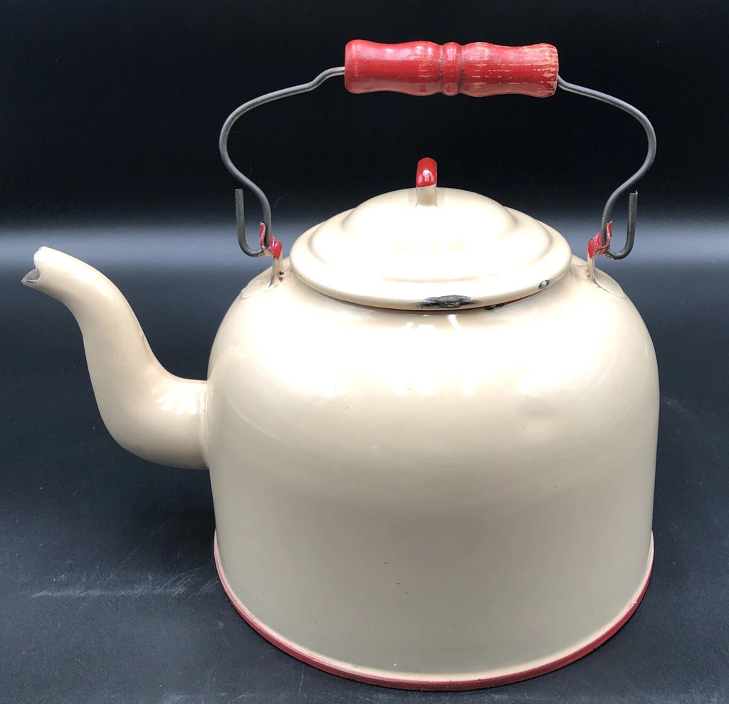 Vintage Enamel Large Tea Kettle, Beige With Red Trim And Red Handle