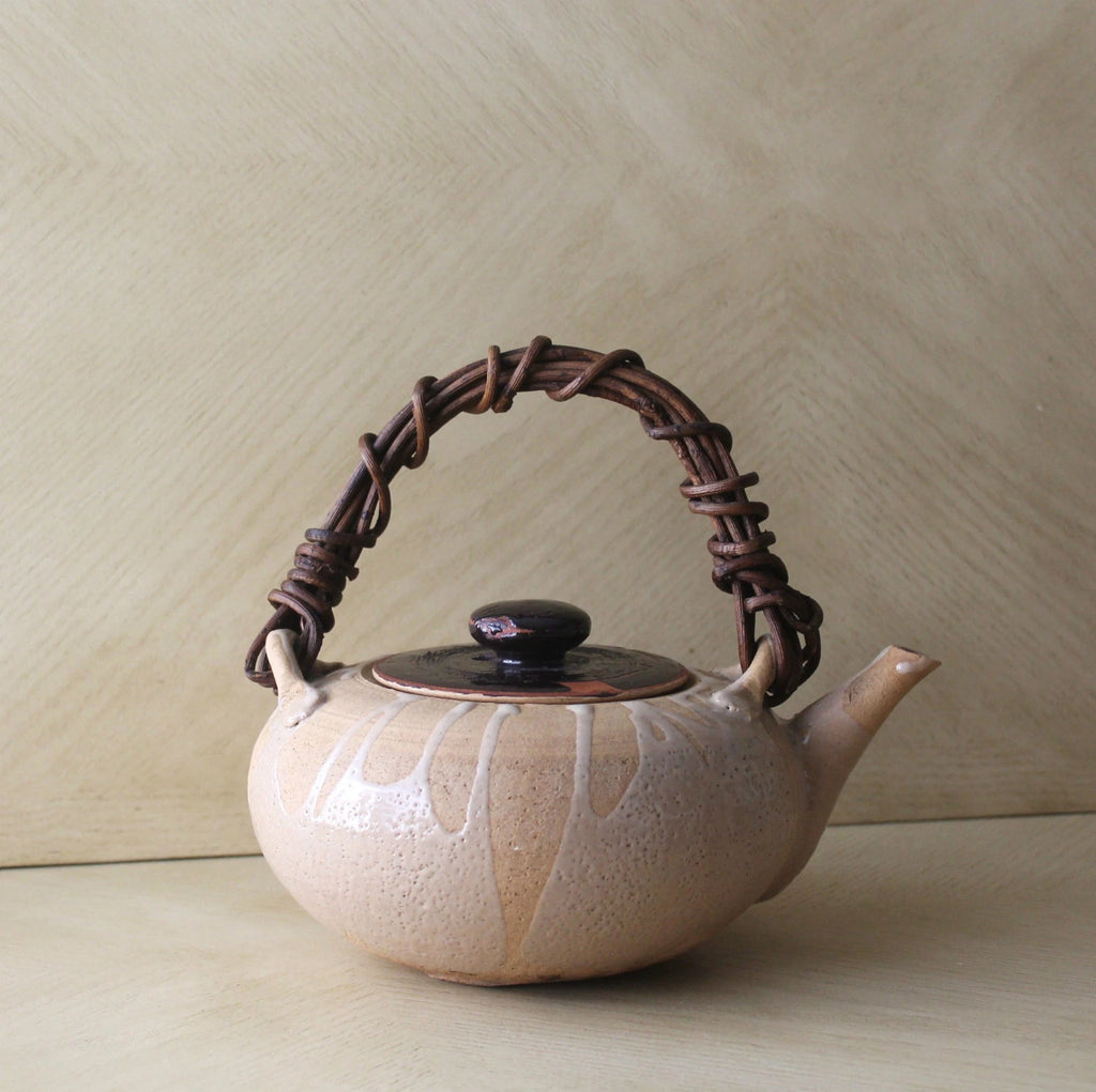 Vtg Asian Chinese Japanese Ceramic Clay Enameled Flat Teapot Kettle Raku Ware?