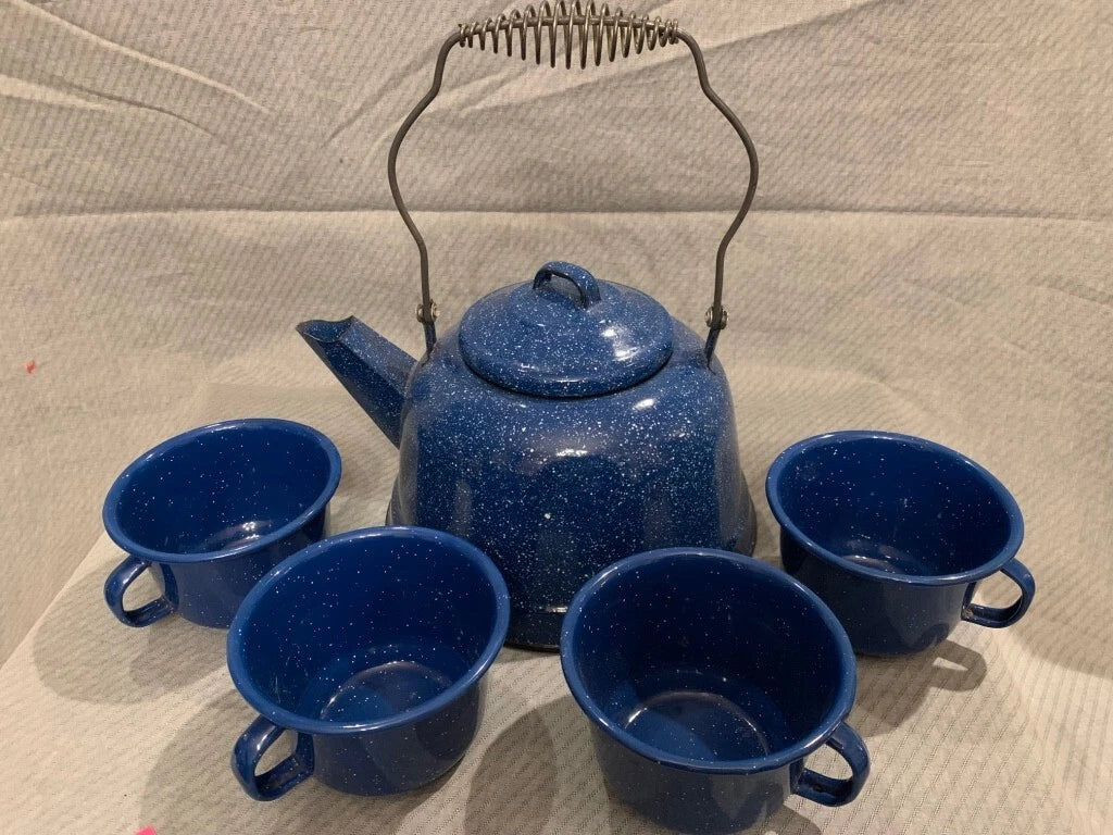 Vtg Blue Speckled ENAMEL WARE Tea Coffee Pot Wire Handle Rustic Camping & cups