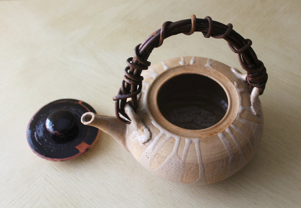 Vtg Asian Chinese Japanese Ceramic Clay Enameled Flat Teapot Kettle Raku Ware?