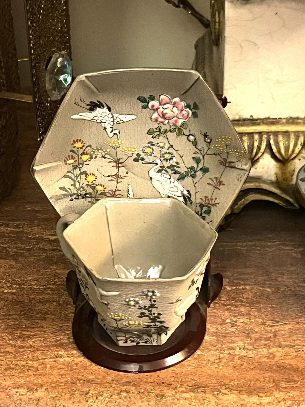 Japanese Banko Ware Plate and Teacup Crane Enamel  Marked