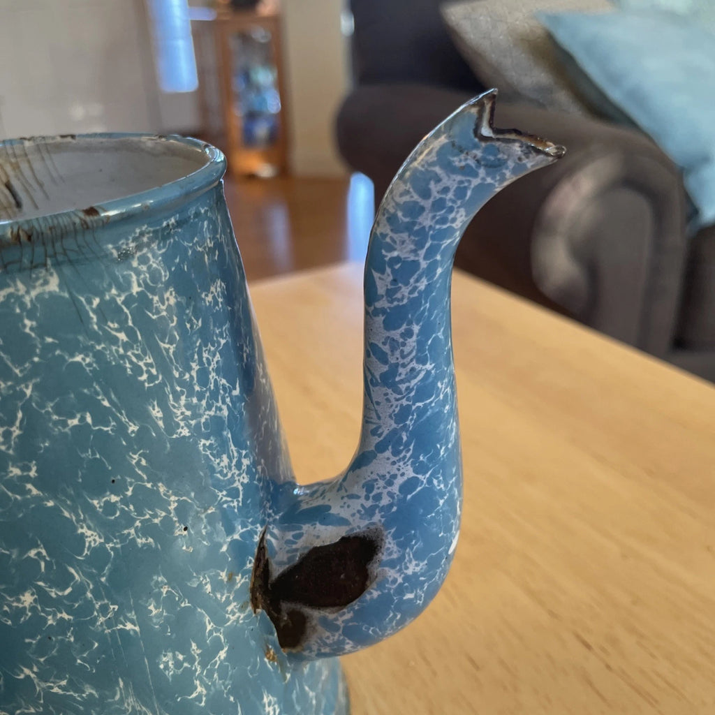 VTG Robin Egg Blue Splatter Swirl Graniteware Enamelware 6” Teapot No Lid