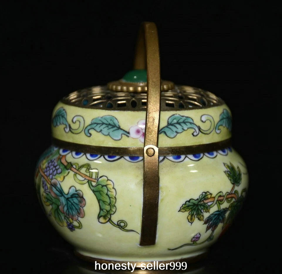 Qianlong Cloisonne Enamel Gilt Grape Insect Handle Wine Teapot Flagon Statue