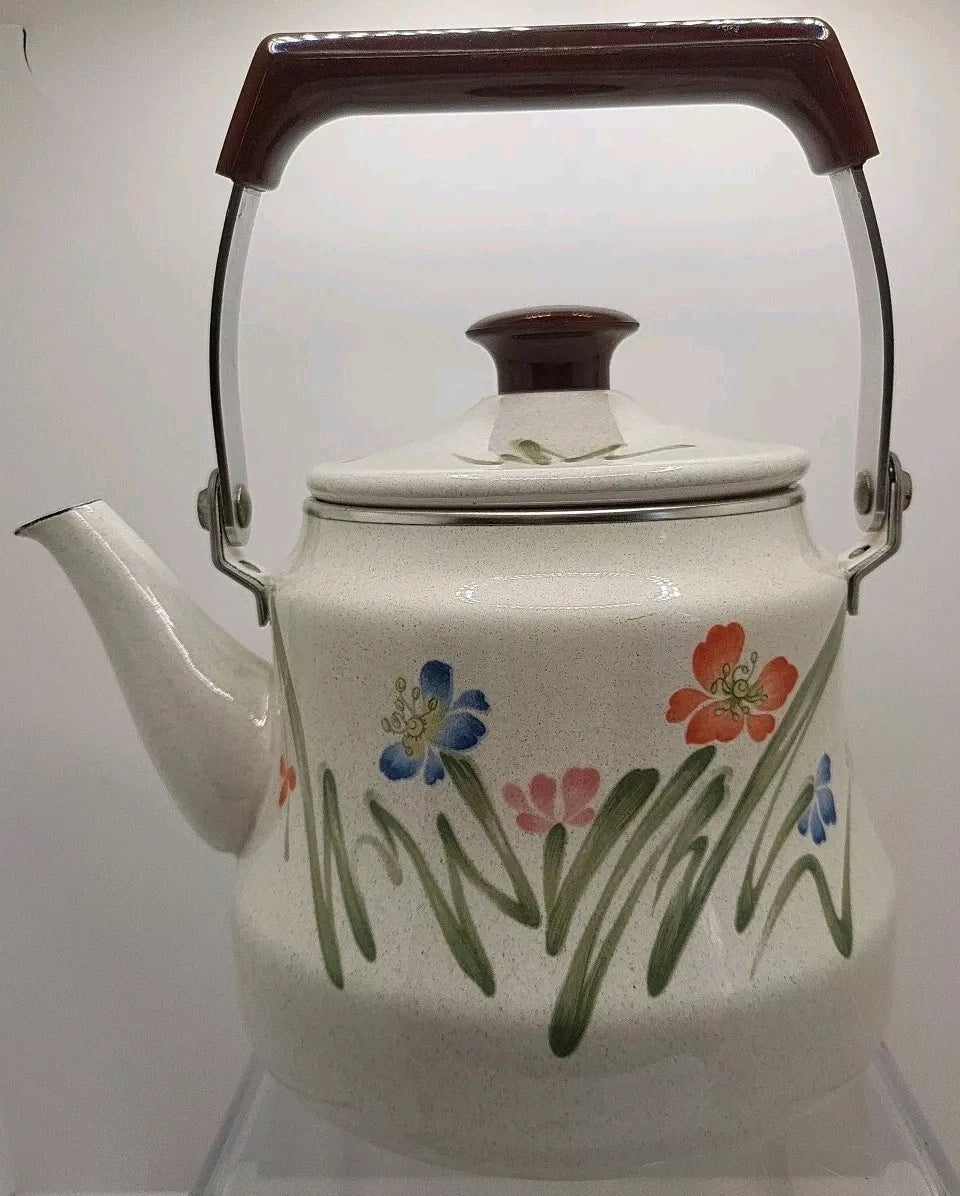 Vintage Tea Kettle, Floral Enamel on Steel Tea Kettle