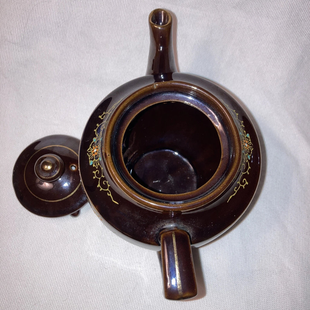 Brown Ceramic Tea Pot with Lid - Gold Trim Enameled Flowers 5 1/2" Made inJapan