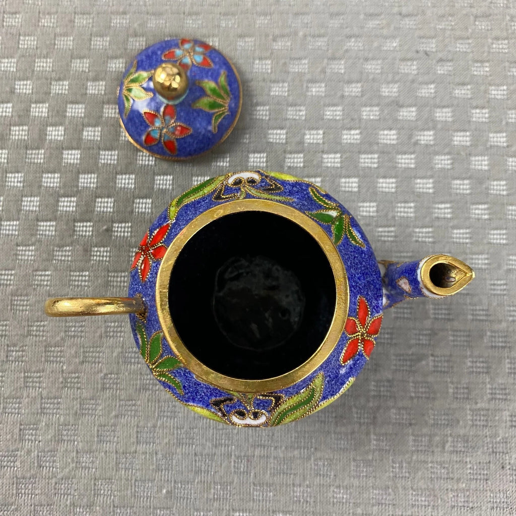 Vtg Miniature Cobalt Blue Enamel Gilded Cloisonne Floral Metal Back Teapot & Lid