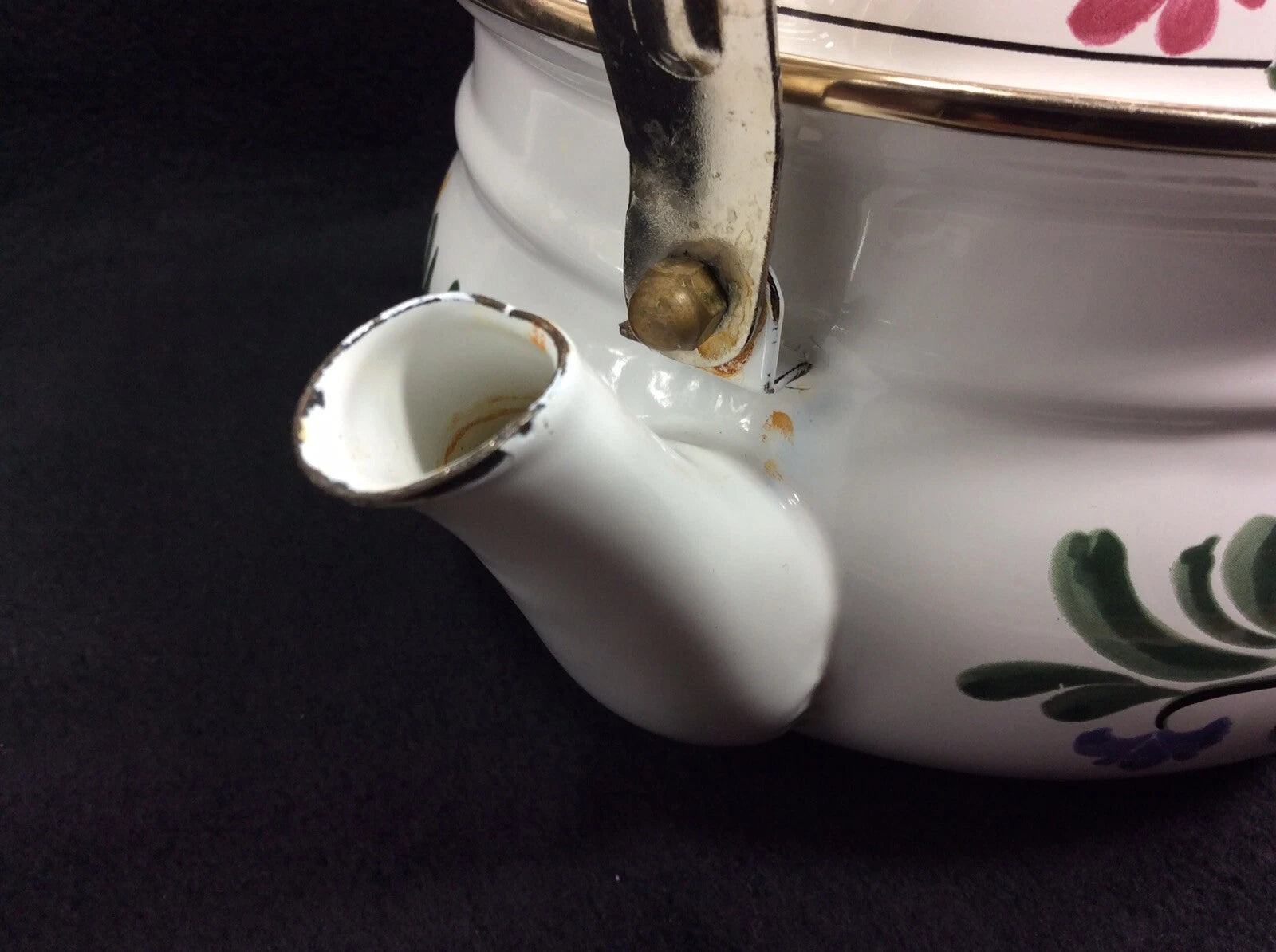 Vintage Enameled Metal Floral Teapot / Kettle Ceramic Handle + Brass Knob
