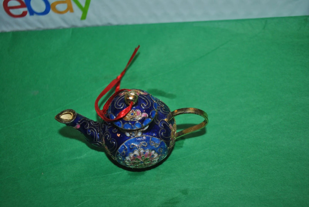 VTG CLOISONNE PRECIOUS  Art TEAPOT Enamel Ornament Cobalt Floral Ornate