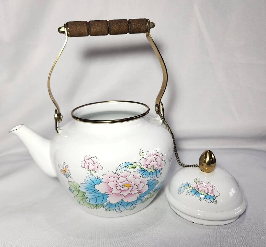 Vtg 1988 Tea Kettle Pot Enamel White Poppies Flowers Brass National Housewares