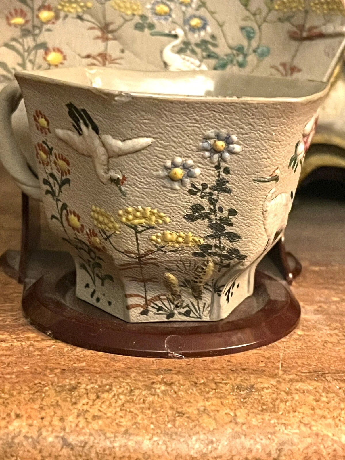 Japanese Banko Ware Plate and Teacup Crane Enamel  Marked