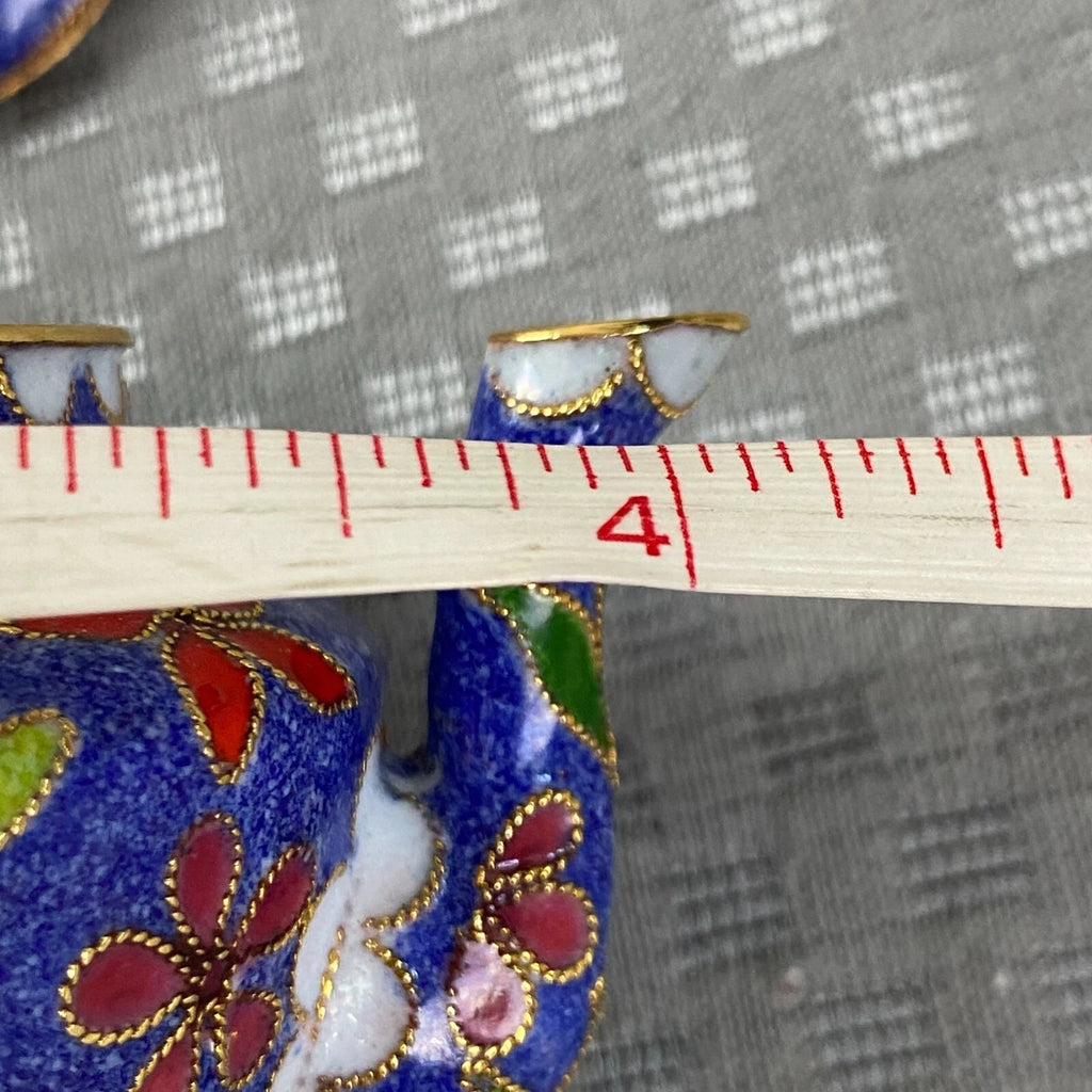 Vtg Miniature Cobalt Blue Enamel Gilded Cloisonne Floral Metal Back Teapot & Lid