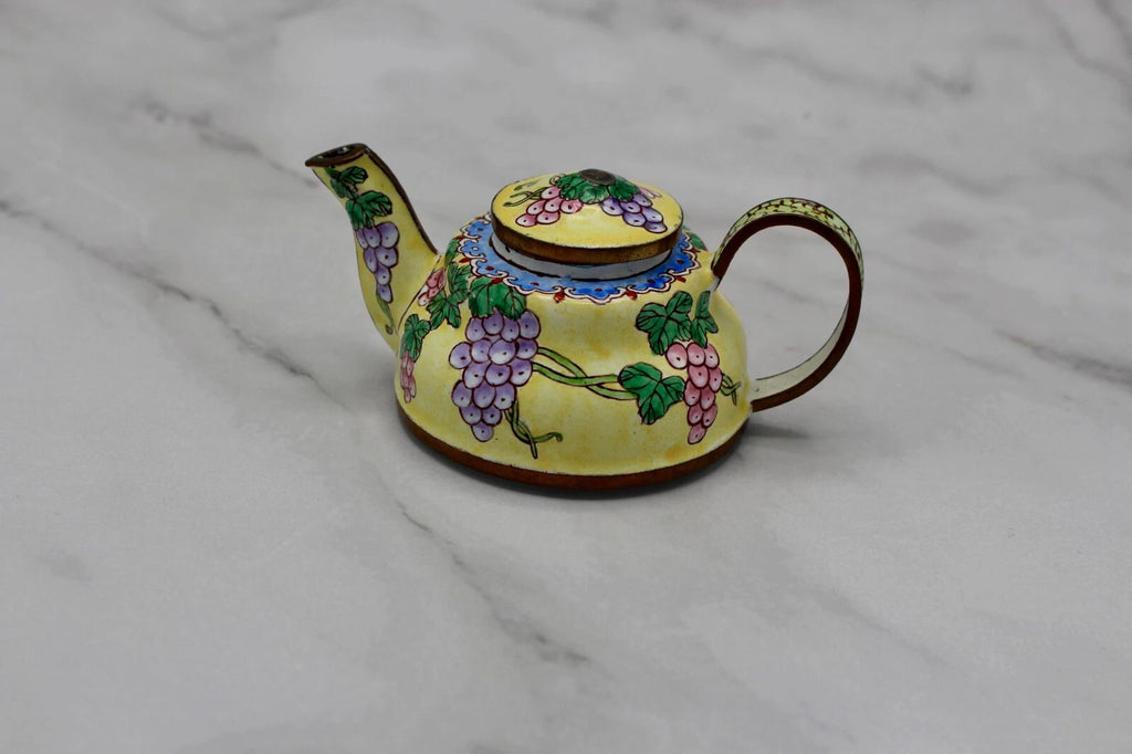 Cute Small Enamel on Copper Teapot Figurine