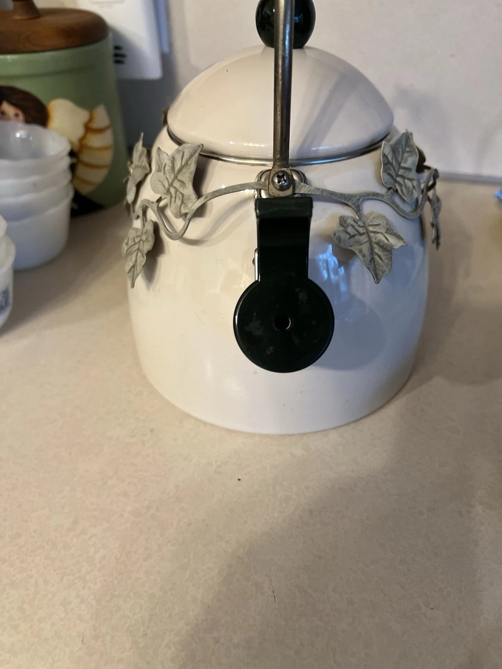 Enamel Whistling Tea Kettle Via Ancona White Ivory, Green Knob Ivy Garland