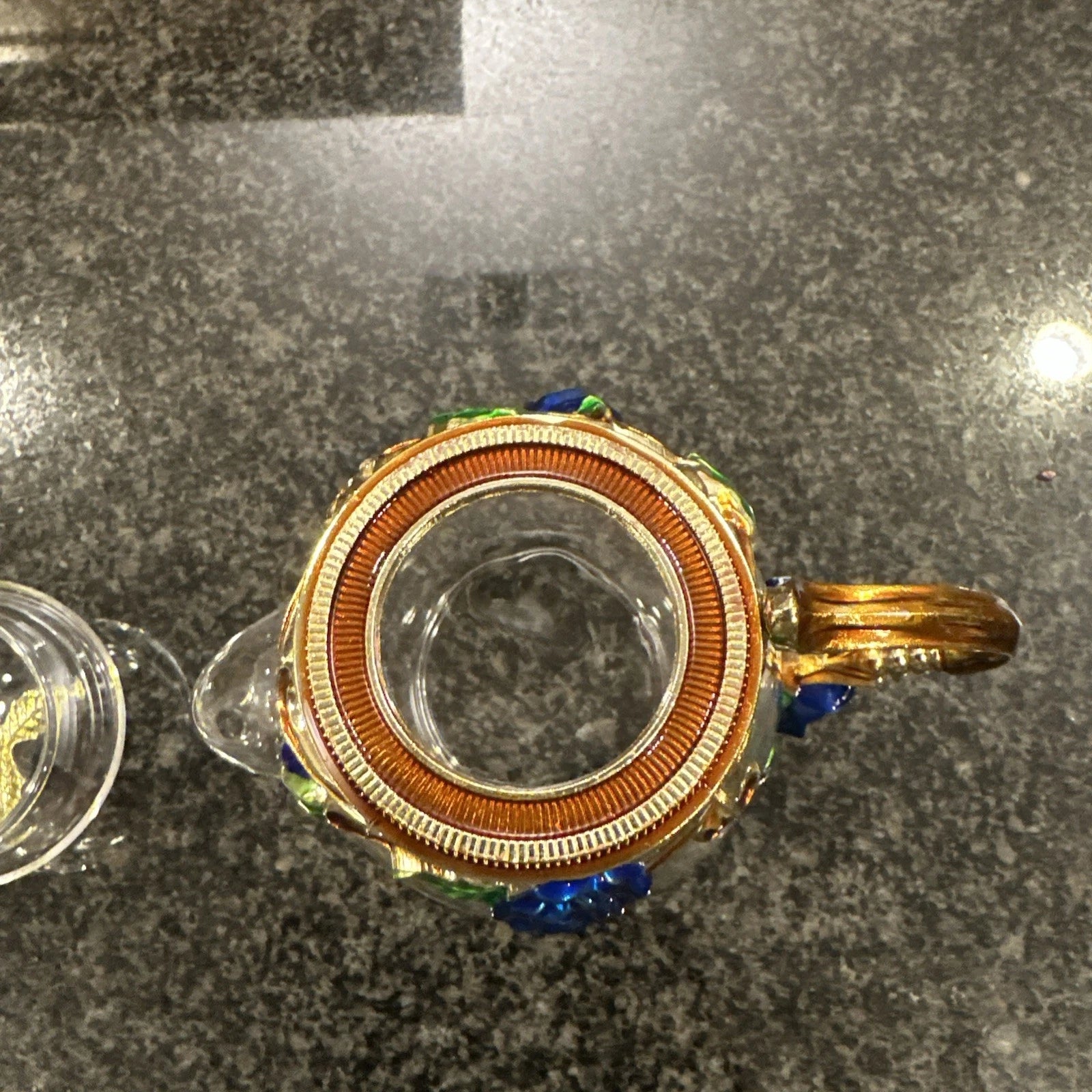 Teffania Teapot Handcrafted Crystal Glass W Blue Roses And Rhinestons 12 OZ