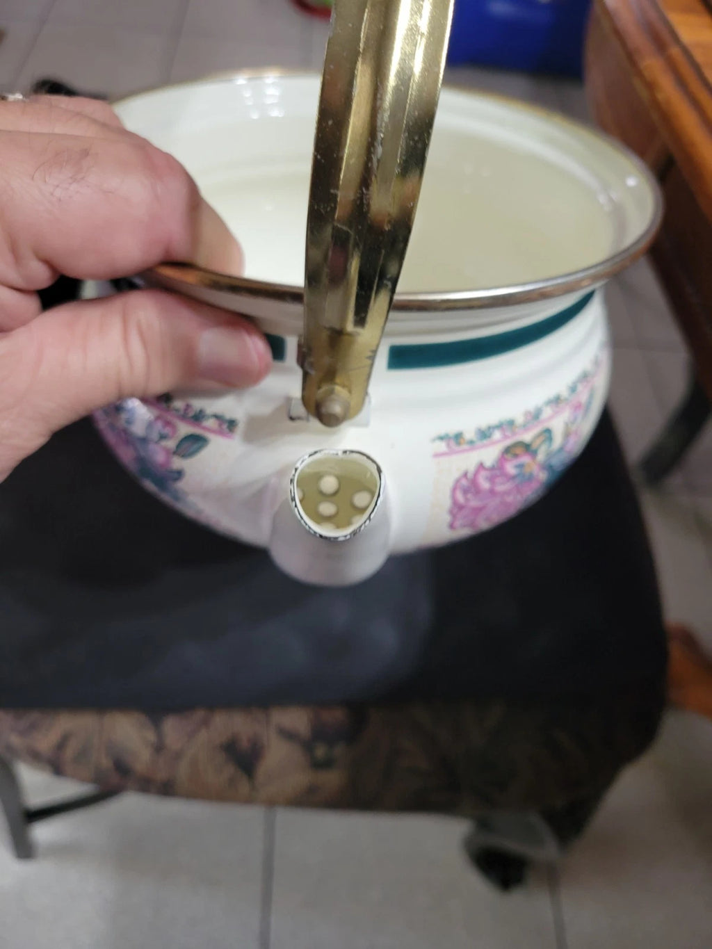 1990s Floral Enamel Tea Kettle, w Brass & ceramic Handle, Preferred stock Taiwan