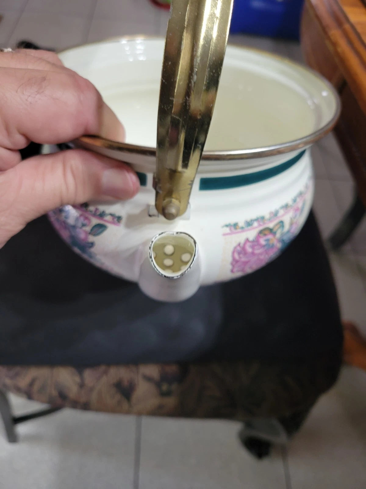 1990s Floral Enamel Tea Kettle, w Brass & ceramic Handle, Preferred stock Taiwan