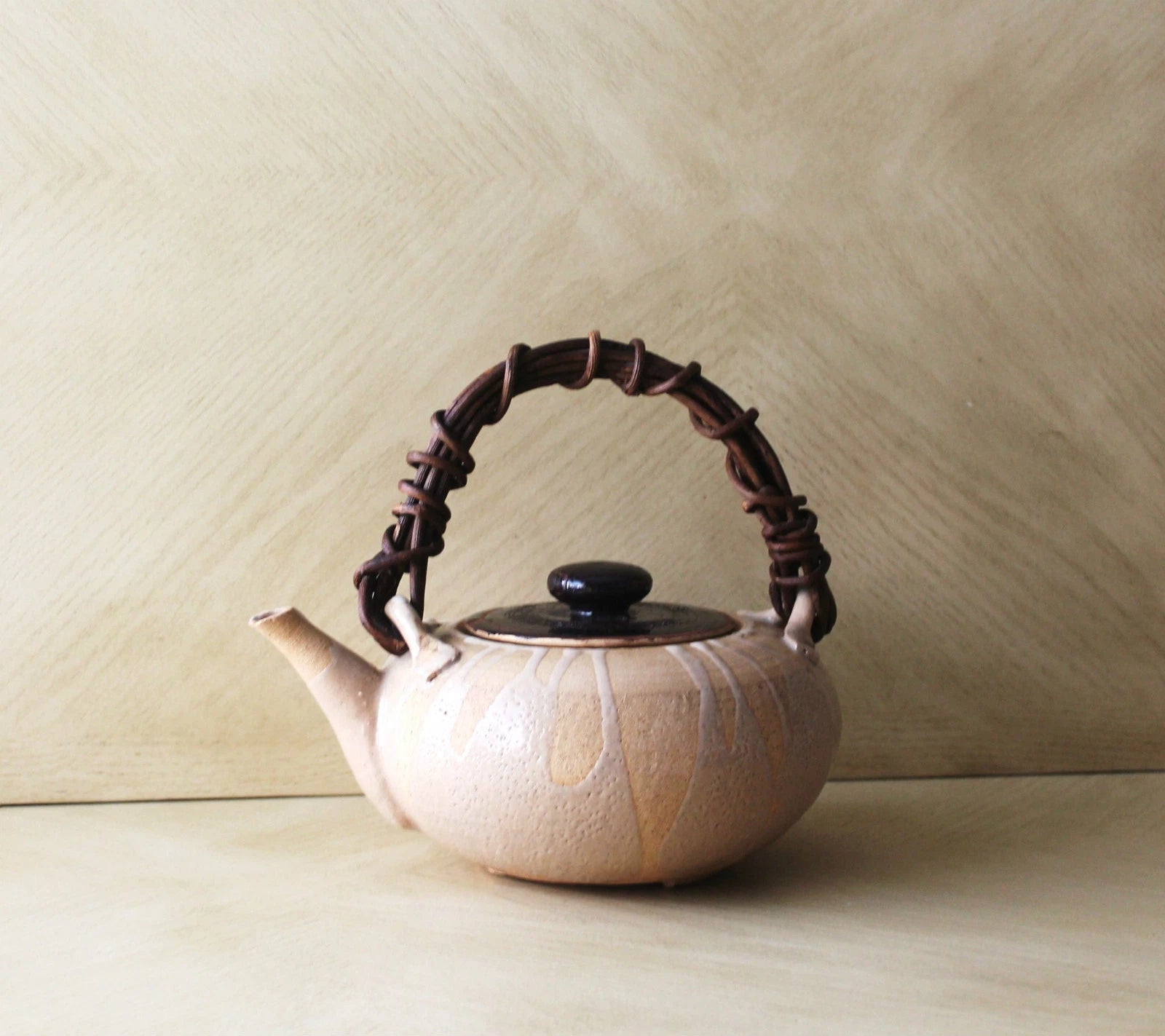 Vtg Asian Chinese Japanese Ceramic Clay Enameled Flat Teapot Kettle Raku Ware?