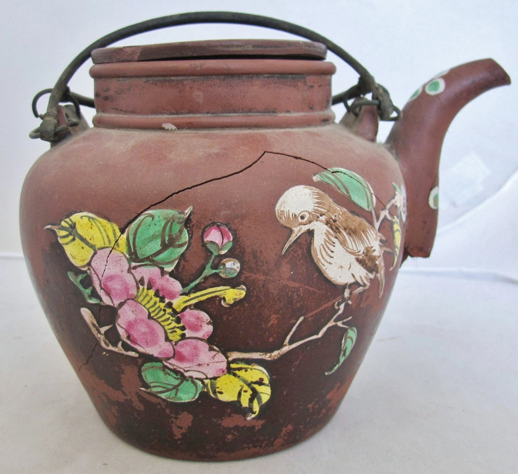 Big 7.7" Old Chinese YIXING Clay Teapot w/ Enameled Bird, Flowers & Dignitaries