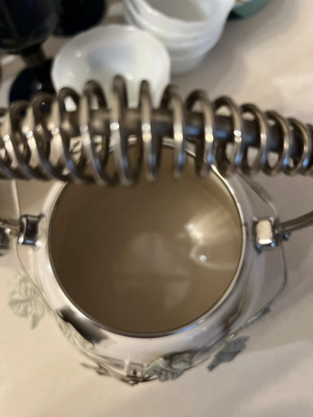 Enamel Whistling Tea Kettle Via Ancona White Ivory, Green Knob Ivy Garland