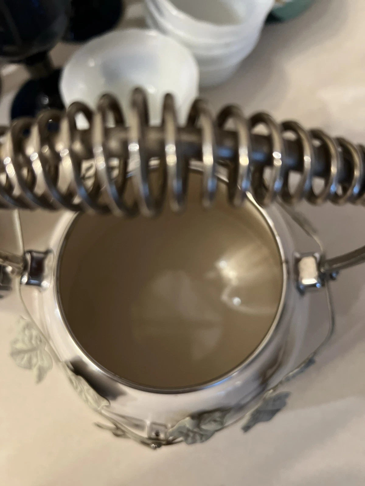 Enamel Whistling Tea Kettle Via Ancona White Ivory, Green Knob Ivy Garland