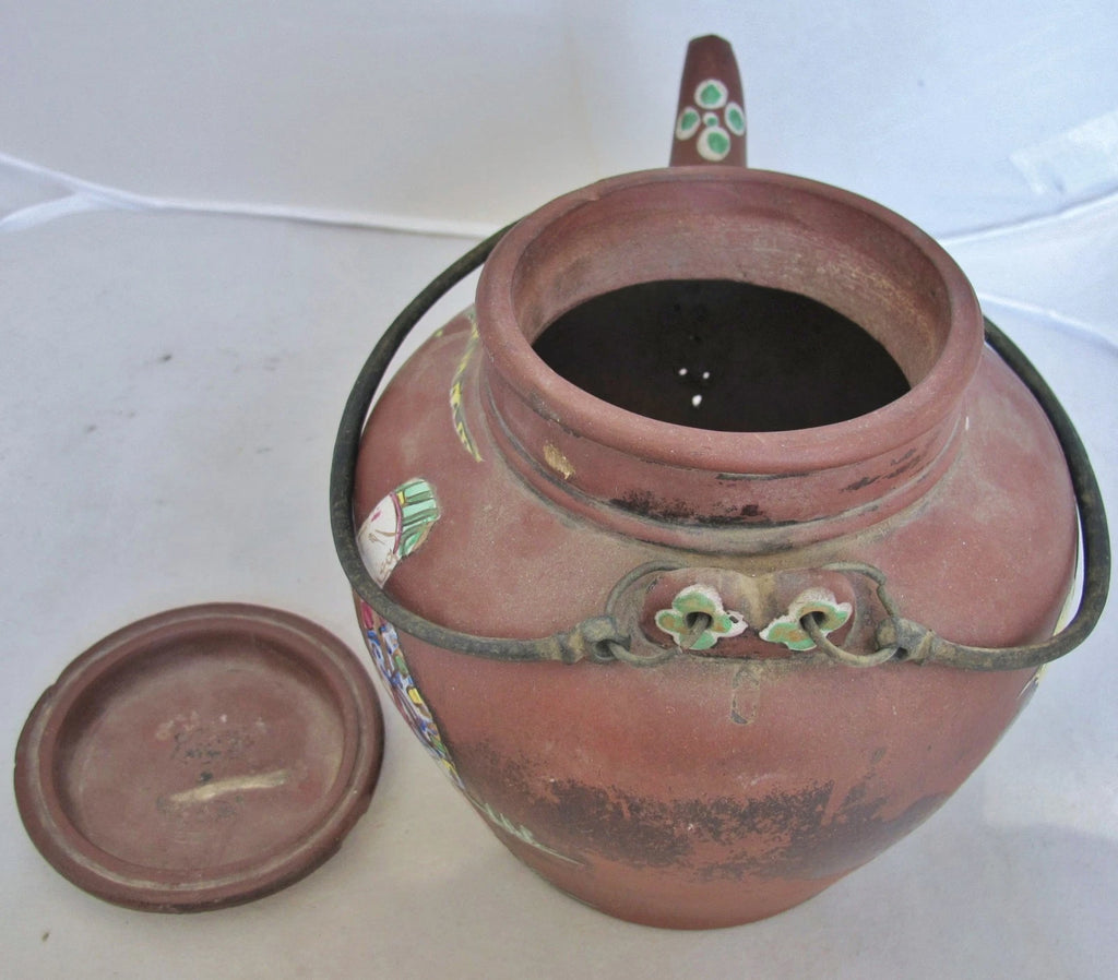 Big 7.7" Old Chinese YIXING Clay Teapot w/ Enameled Bird, Flowers & Dignitaries