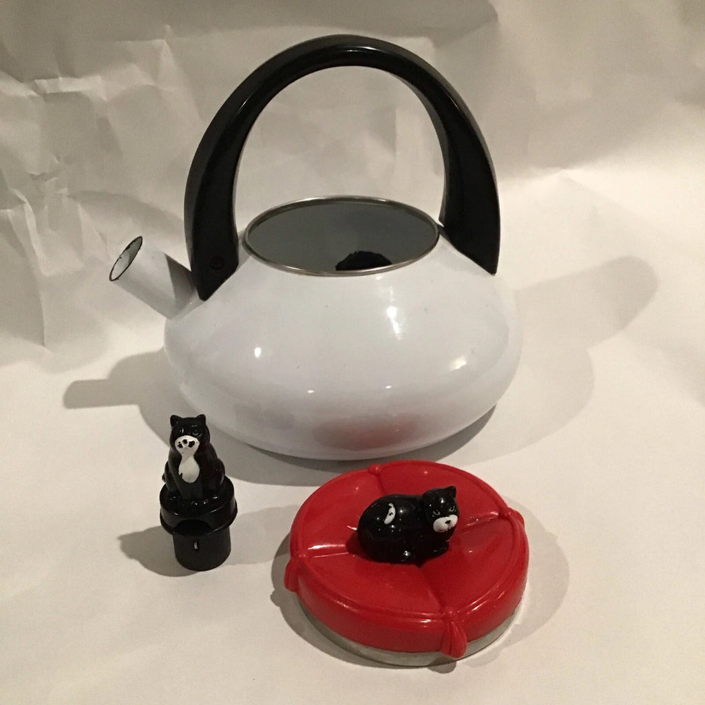 Red And White Enamel Kitty Cat Tea Kettle W/ Small Repair - Discounted