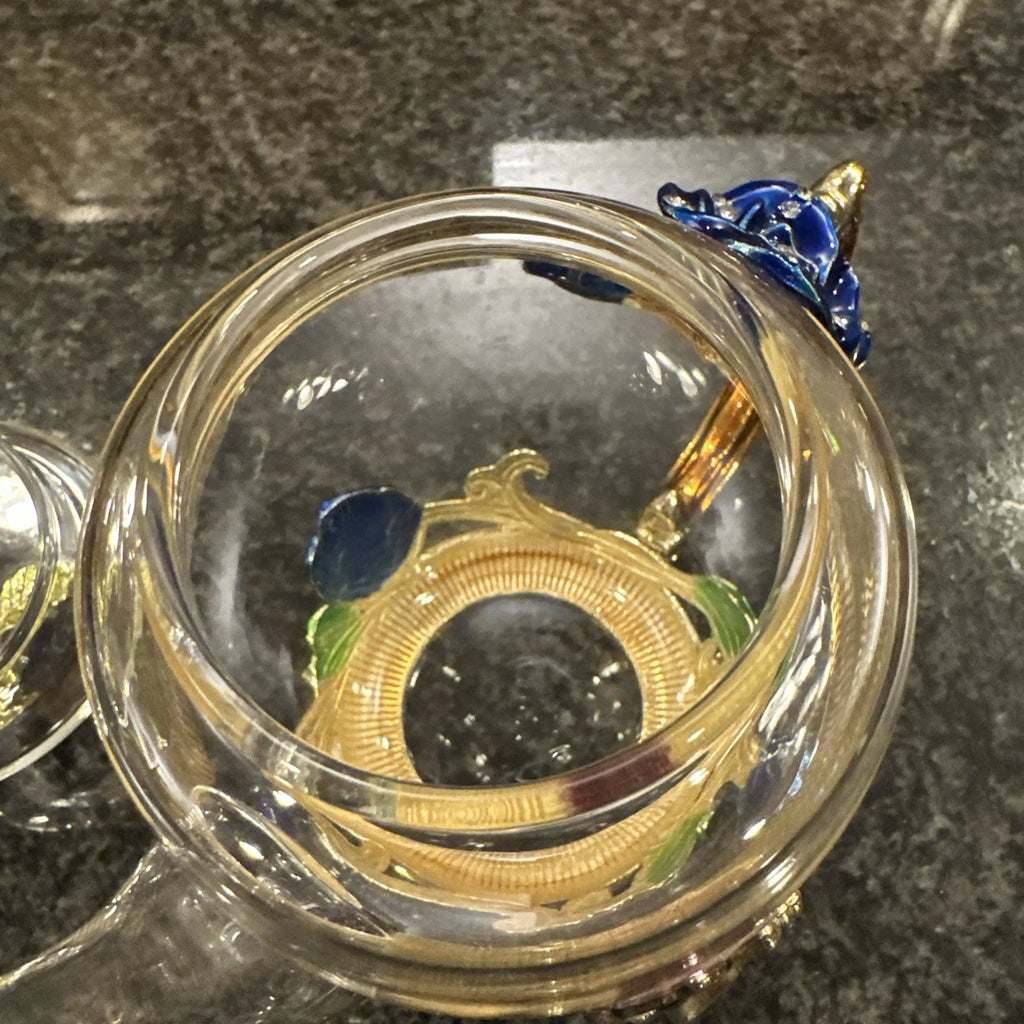 Teffania Teapot Handcrafted Crystal Glass W Blue Roses And Rhinestons 12 OZ