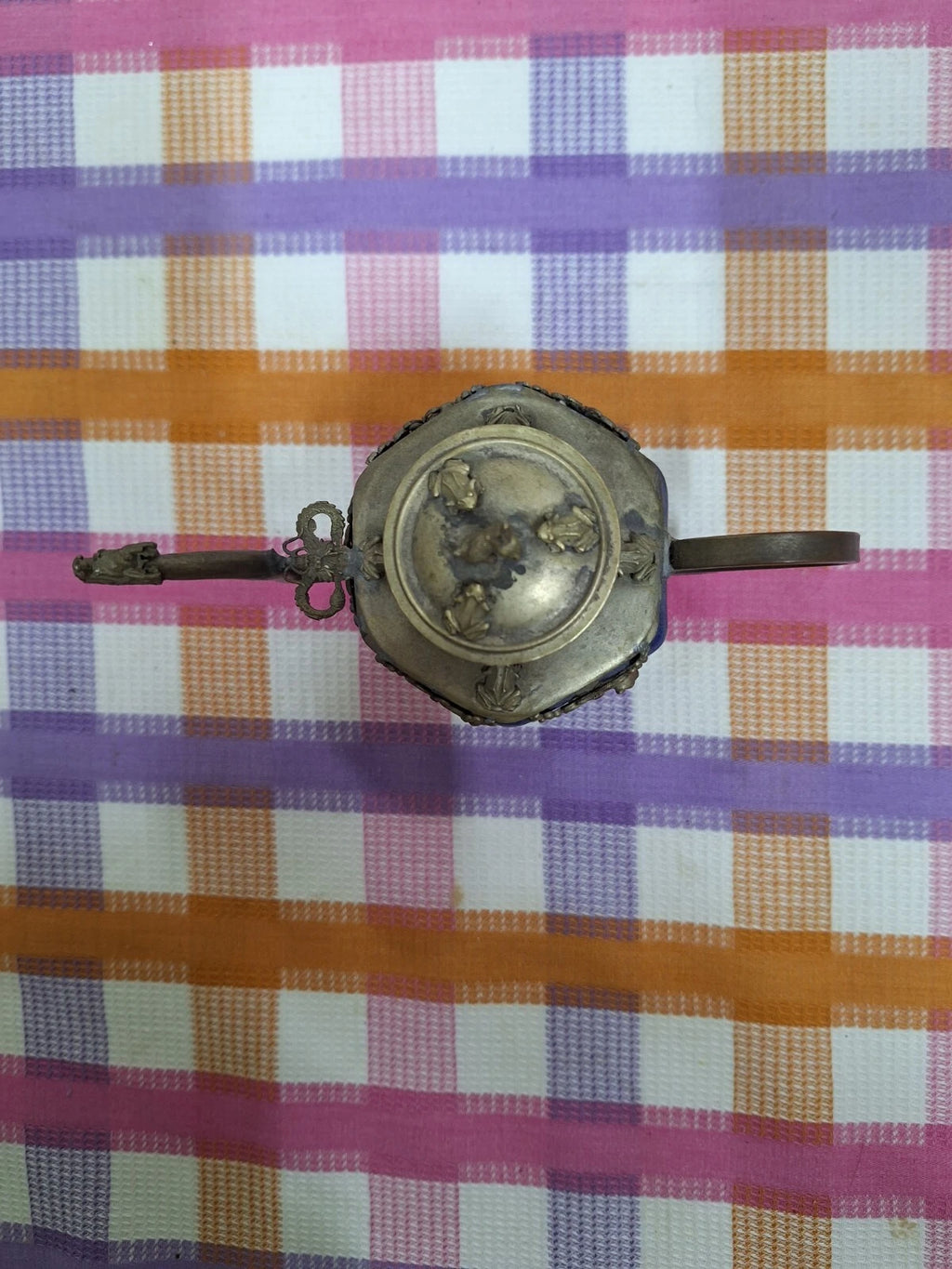 Vintag Tibetan/Chinese Brass Blue Enamel Rabbit , Tiger , Frog Teapot