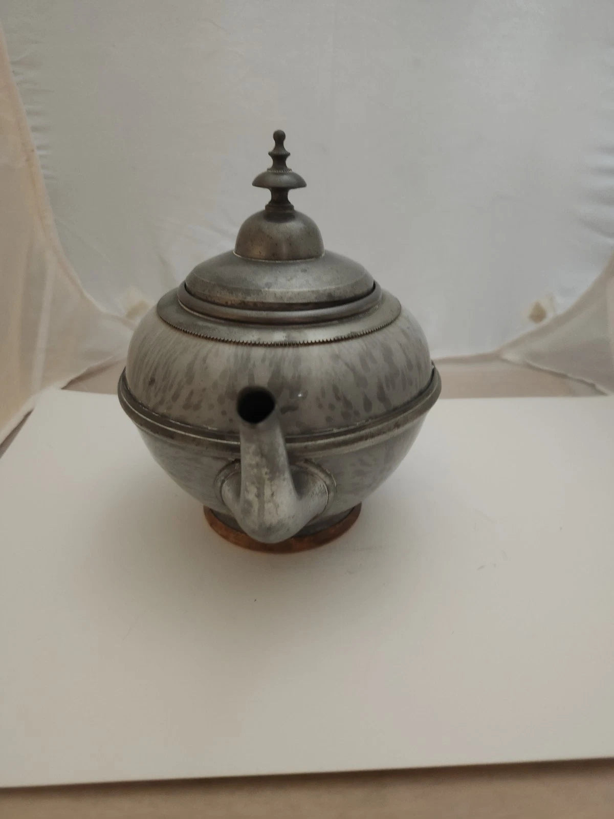 Mid 1880's Grey Graniteware Ironware Pewter & Brass Trimmed Teapot Enamel Ware